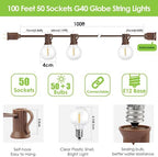 Mlambert 100Ft LED Outdoor String Lights, Dimmable G40 Globe Patio Lights with 50+3 Waterproof Shatterproof Bulbs for Backyard Porch-Brown Cord 1 Pack - Image 3