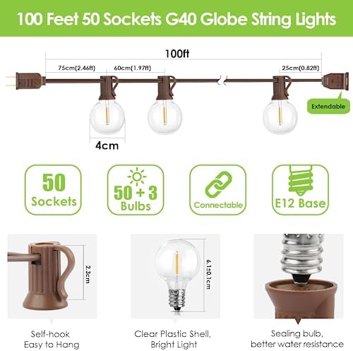 Mlambert 100Ft LED Outdoor String Lights, Dimmable G40 Globe Patio Lights with 50+3 Waterproof Shatterproof Bulbs for Backyard Porch-Brown Cord 1 Pack - Image 3