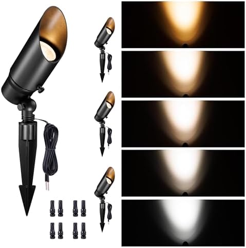 Landscape Spotlights Low Voltage - 2700K/3000K/3500K/4000K/5000K Selectable Uplights, 12V LED Spot Lights, Stretchable Shroud Outdoor Waterproof, Aluminum Black for Outside Trees 4 Pack by Varmtalys