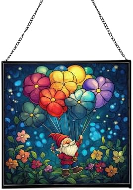 Flower Balloon Lift Gnome Stained Glass Suncatcher – Square Hanging Window Panel for Home or Greenhouse – Whimsical Glass Art Gift for Garden Lovers, Christmas, Halloween, Father Days XOHreA by Custom