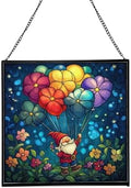Flower Balloon Lift Gnome Stained Glass Suncatcher – Square Hanging Window Panel for Home or Greenhouse – Whimsical Glass Art Gift for Garden Lovers, Christmas, Halloween, Father Days XOHreA by Custom