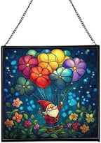 Flower Balloon Lift Gnome Stained Glass Suncatcher – Square Hanging Window Panel for Home or Greenhouse – Whimsical Glass Art Gift for Garden Lovers, Christmas, Halloween, Father Days XOHreA by Custom