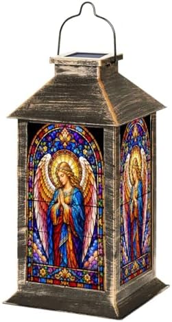 Solar Lantern Vibrant Stained Glass Art Praying Angel Garden Hanging Lantern Waterproof Solar Powered Lighting Outdoor Table Lamp for Patio Yard Memorial Gifts Grave Decorations for Cemetery by Unknown