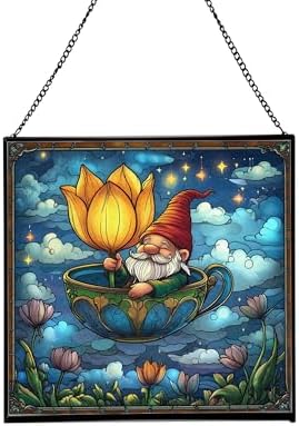 Gnome in Tulip Teacup Stained Glass Suncatcher – Square Hanging Window Panel for Home or Greenhouse – Whimsical Glass Art Gift for Garden Lovers, Christmas, Halloween, Father Days VpwJzL by Custom