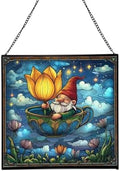 Gnome in Tulip Teacup Stained Glass Suncatcher – Square Hanging Window Panel for Home or Greenhouse – Whimsical Glass Art Gift for Garden Lovers, Christmas, Halloween, Father Days VpwJzL by Custom