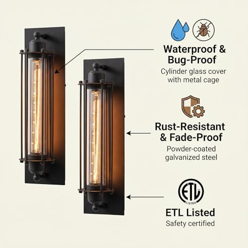 mirrea 18-Inch Industrial Outdoor Wall Light Sconce, Matte Black, Set of 2 - Image 3