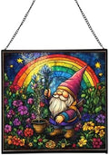 Rainbow Garden Gnome Stained Glass Suncatcher – Square Hanging Window Panel for Home or Greenhouse – Whimsical Glass Art Gift for Garden Lovers, Christmas, Halloween, Father Days moNsPG by Custom