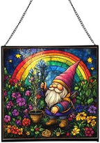 Rainbow Garden Gnome Stained Glass Suncatcher – Square Hanging Window Panel for Home or Greenhouse – Whimsical Glass Art Gift for Garden Lovers, Christmas, Halloween, Father Days moNsPG by Custom