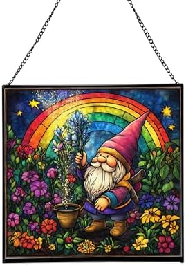 Rainbow Garden Gnome Stained Glass Suncatcher – Square Hanging Window Panel for Home or Greenhouse – Whimsical Glass Art Gift for Garden Lovers, Christmas, Halloween, Father Days moNsPG by Custom
