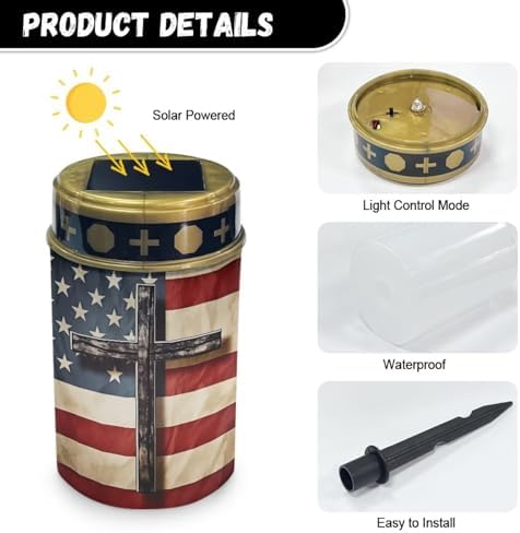 Poceacles Cross Solar Pathway Lights Outdoor Grave Solar Lights Outside Waterproof Cemetery Flameless Candles Outdoor Solar Candle Grave Markers Eternal Decor, American Flag Cross, Pack of 2 - Image 7