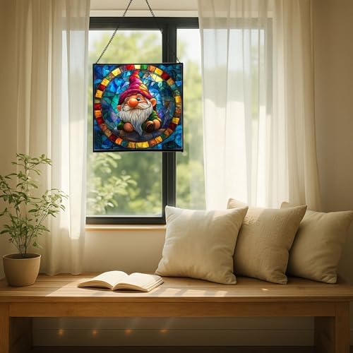 Stained-Glass Window Gnome Stained Glass Suncatcher – Square Hanging Window Panel for Home or Greenhouse – Whimsical Glass Art Gift for Garden Lovers, Christmas, Halloween, Father Days Sy50Zg - Image 7