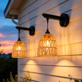 Solar Sconce Lights Outdoor, 2 Pack 6in H Boho Rattan Wall Lantern with USB Charging, IP65 Solar Outdoor Wall Lights, 3 Mode Motion Sensor, Hanging Porch Light for Garage Patio House Gazebos Garden by ALLFORTUNE