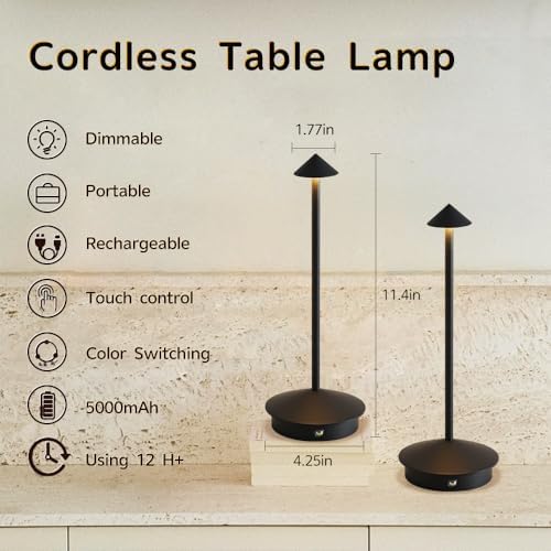 2 Pack Aluminum Cordless Table Lamp, 6000mAh Rechargeable Table Lamps, Portable Touch LED Lamp, Outdoor Waterproof Dimmable Cordless Rechargeable Table Lamps for Restaurant/Patio- Black (BK-Black) - Image 4