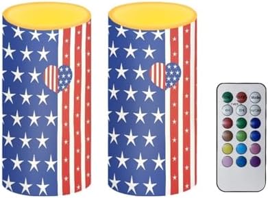 USA Flag Print Flameless Candles with Timer Battery Operated Candles with Remote Elictric Pillar Lights for 4th of July Home Room Dining Table Decorations by Merkmak