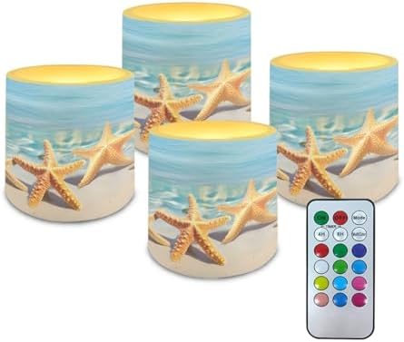 Pack of 4 Flickering Flameless Candles with Remote Outdoor Battery Operated LED Candles with Timer Elictric Pillar Lights for Beach Wedding Coastal Home Decoration, Beach Starfishes by Merkmak