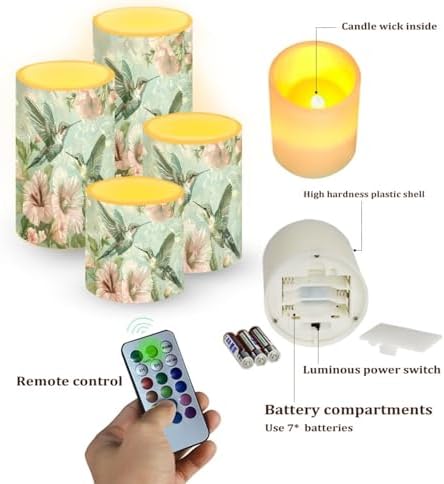 4Pcs Flameless Candles with Remote and Timers Flickering Battery Operated Candles Outdoor Flameless LED Pillar Lights for Beach Wedding Coastal Home Decorations, Floral Hummingbird - Image 6
