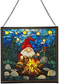 Gnome with Campfire Cooking Stained Glass Suncatcher – Square Hanging Window Panel for Home, Garden, Nursery, Halloween, Christmas, Memorial Day – Whimsical Glass Art Gift for Gnome Lovers ulz706 by Custom