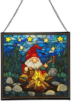 Gnome with Campfire Cooking Stained Glass Suncatcher – Square Hanging Window Panel for Home, Garden, Nursery, Halloween, Christmas, Memorial Day – Whimsical Glass Art Gift for Gnome Lovers ulz706 by Custom