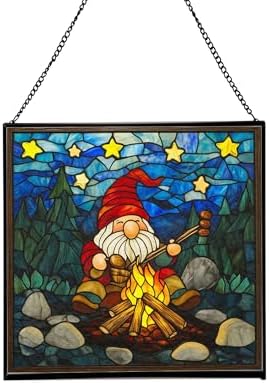 Gnome with Campfire Cooking Stained Glass Suncatcher – Square Hanging Window Panel for Home, Garden, Nursery, Halloween, Christmas, Memorial Day – Whimsical Glass Art Gift for Gnome Lovers ulz706 by Custom