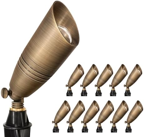 GKOLED 12-Pack Solid Brass Landscape Spotlight, 12V AC/DC Low Voltage Landscape Lights, Outdoor Directional LED Uplight Waterproof Fixture with ABS Ground Spike, Garden Spot Up Light Without Bulb by GKOLED
