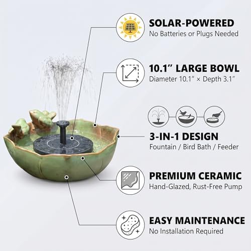 Large Ceramic Bird Bath Bowl with Solar Powered Fountain, Solar Bird Bath Fountain for Outdoors, Hummingbird Solar Water Fountain for Bird Bath, Tabletop Garden Bird Bath for Patio Yard Outdoor Décor - Image 2