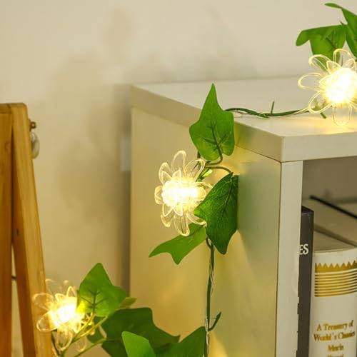 Artificial Flower Vine String Lights With Green Leaves Decor|Led Copper Wire Fairy Lights|Romantic Artificial Plants Ambiance Lamps For Party Christmas Bedroom,B-Warm White,2m(6.5ft)-20LED-Solar - Image 3