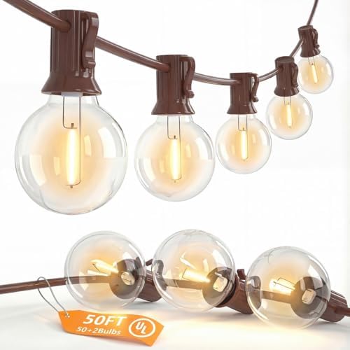 50FT Brown Outdoor String Lights, Shatterproof LED Globe Edison String Lights with 50 G40 LED Bulbs, Waterproof Connectable Hanging Light for Backyard Patio Porch Balcony Party Decor, E12 Base by SUNSGNE