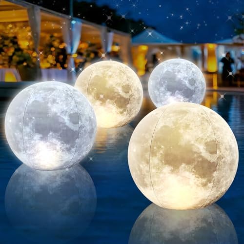 Full Moon Floating Pool Lights Solar Powered - 15" Inflatable Waterproof Solar Pool Lights that Float, Cool White & Warm White Light Up Pools Balls, Float or Hang in Pond Garden Party Decor(4) by WelcometoCootway