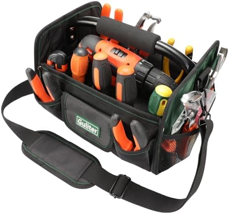11 Inch Small Tool Bag, Open Top Tool Tote with Stainless Steel Handle and Adjustable Shoulder Strap,21 Pockets Electrician Tool Bags,Black/Green - Image 2