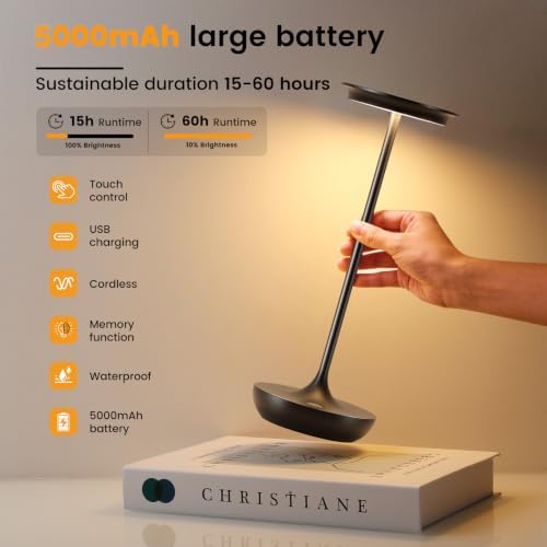 LED Rechargeable Cordless Table Lamp Battery Operated Light Black - Image 3