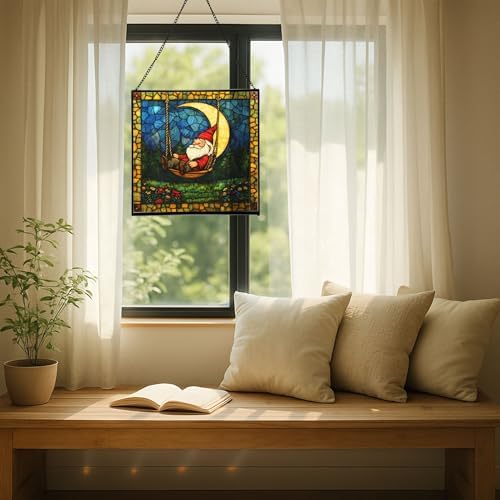 Moon Swinging Gnome Stained Glass Suncatcher – Square Hanging Window Panel for Home or Greenhouse – Whimsical Glass Art Gift for Garden Lovers, Christmas, Halloween, Father Days npNIdd - Image 7