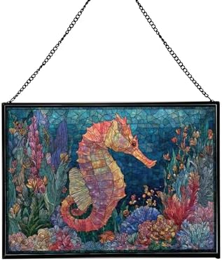 Glowing Coral Garden with Tiny Seahorse Rectangular Stained Glass Suncatcher – Hanging Window Panel with Animal & Nature Scene – Vibrant Glass Art Gift for Wildlife, Fantasy, Nature Lovers zHBtGp by Custom