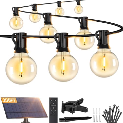 Brightever G40 Solar String Lights Outdoor with Remote, 200FT 72+2 LED Shatterproof Bulbs, Dimmable & Timable, 3 Lighting Modes, Waterproof Solar Power Outdoor Lights for Patio, Market, Wedding by Brightever