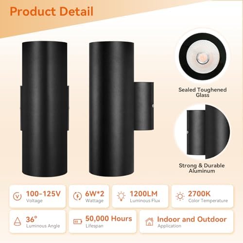 JO.KO Up Down Lights Outdoor, Cylinder Wall Lights 10.24" 2 Pack, 2700K Warm White Porch Light in 2 Lights, Matte Black Waterproof Wall Sconce, Aluminum Exterior Light Fixture Wall Mount - Image 6