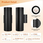 JO.KO Up Down Lights Outdoor, Cylinder Wall Lights 10.24" 2 Pack, 2700K Warm White Porch Light in 2 Lights, Matte Black Waterproof Wall Sconce, Aluminum Exterior Light Fixture Wall Mount - Image 6