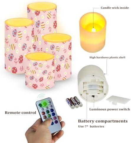 Pack of 4 Easter Eggs Flickering Flameless Candles Bulk Daisy Flower Battery Operated LED Pillar Candles with Remote and Timers for Home Dining Table Decorations - Image 2