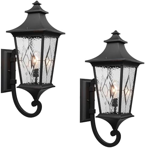 Outdoor Garage Lighting Fixtures 14.6 Inch Outdoor Wall Sconce Light Waterproof Outdoor Light Fixtures Wall Mount with Water Ripple Handmade Glass for Porch 2-Pack E26 Socket by Naxttii