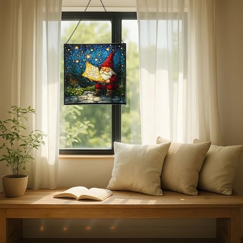 Gnome with Star Map Stained Glass Suncatcher – Square Hanging Window Panel for Home or Greenhouse – Whimsical Glass Art Gift for Garden Lovers, Christmas, Halloween, Father Days 3TxNhD - Image 7