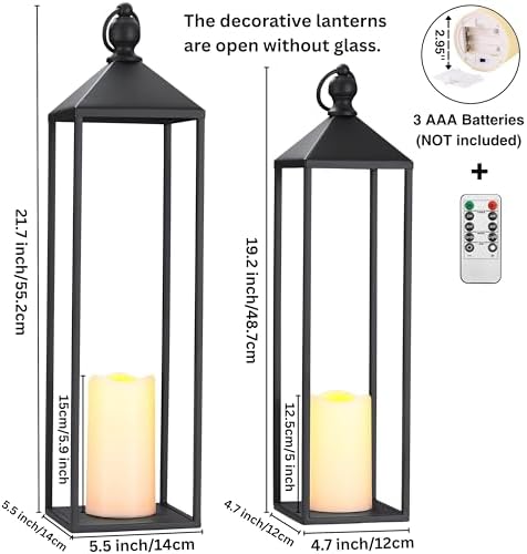Perfnique Decorative Lanterns for Indoor & Outdoor, Set of 2 Black Metal Lanterns (22" & 19") with LED Timer Flameless Candles, Farmhouse Modern Decor for Front Porch, Patio, Mantle - Image 2