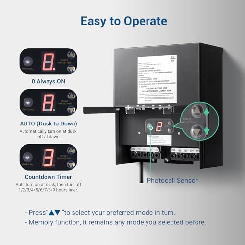 DEWENWILS 600W Low Voltage Landscape Transformer, Outdoor Weatherproof Transformer with Timer and Photocell Sensor, 120V AC to 12V/13V/14V/15V AC for LED Lighting, Walkway Light, cULus Listed - Image 3
