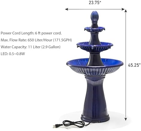 Glitzhome Water Fountain Outdoor Floor-Stand Fountain with LED Light & Pump Oversized 3 Tier Ceramic Cobalt Blue Patio Fountains and Waterfalls Outdoor Yard Fountains for Lawn Garden Backyard - Image 2