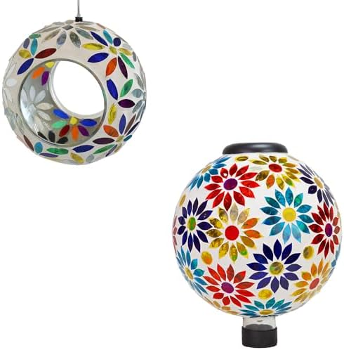 Sunnydaze 6” Rainbow Daisies Glass Mosaic Hanging Fly-Through Bird Feeder and 10” Midsummer Dahlias Solar Gazing Ball by SunnydazeDecor