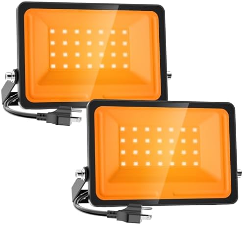 Onforu Orange Halloween Flood Lights, 30W Dusk to Dawn Floodlight 2 Pack LED Spot Lights Outdoor Decoration, Auto ON/Off Plug in Spotlights, IP65 Waterproof Uplighting Uplights for Party Garden by Onforu