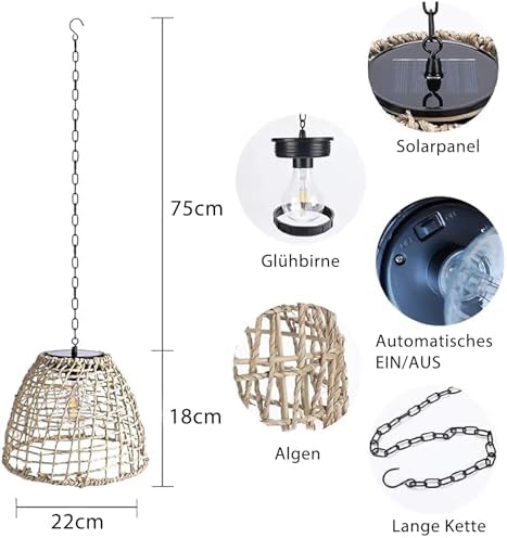 Rattan Solar Hanging Lantern, Outdoor Waterproof Chandelier Light - Image 3