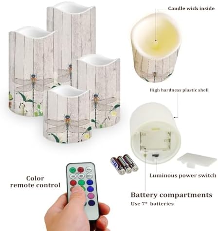 Wood Print Dragonfly Flameless Candles with Remote Timer Flickering LED Pillar Candles Color Changing Set of 4 Battery Operated Candles Indoor Outdoor Home Table Beach Wedding Decoration - Image 3