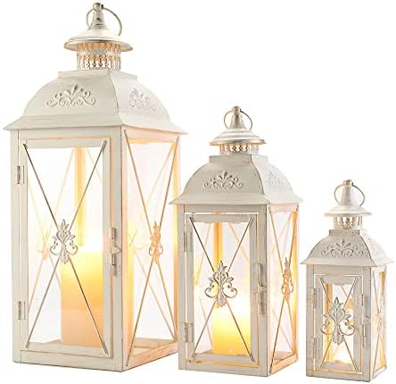 TRIROCKS 3-Pack Decorative Lanterns - 19" Vintage Metal Candle Holders with Tempered Glass - Perfect for Christmas, Living Room, Garden, Patio, Indoor & Outdoor Events (White with Gold Brush Finish) - Image 2