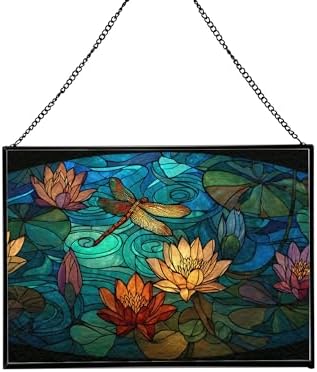Dragonfly Over Water Lilies Rectangular Stained Glass Suncatcher – Hanging Window Panel with Animal & Nature Scene – Vibrant Glass Art Gift for Wildlife, Fantasy, Nature Lovers pCgY2X by Custom