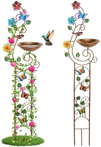 YADOOLIFE 57” Bird Bath with Garden Trellis for Climbing Plants Outdoor, Small Decorative Trellises Metal Birdbath Bird Baths, 1 Piece (Butterfly) by YADOOLIFE