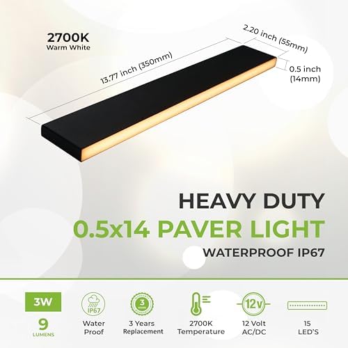 LUMENGY Paver Light Slim 0.5x14 Inch(0.55x13.77) 2700K Warm White, Glare-Free Linear Lighting for Driveways, Walkways and Paver Borders, 12V Hardwired, IP67 Waterproof, Drive-Over Rated - Image 2