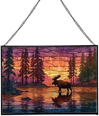 Moose Wading Through Shimmering Lake Rectangular Stained Glass Suncatcher – Hanging Window Panel with Animal & Nature Scene – Vibrant Glass Art Gift for Wildlife, Fantasy, Nature Lovers Id2VhA by Custom